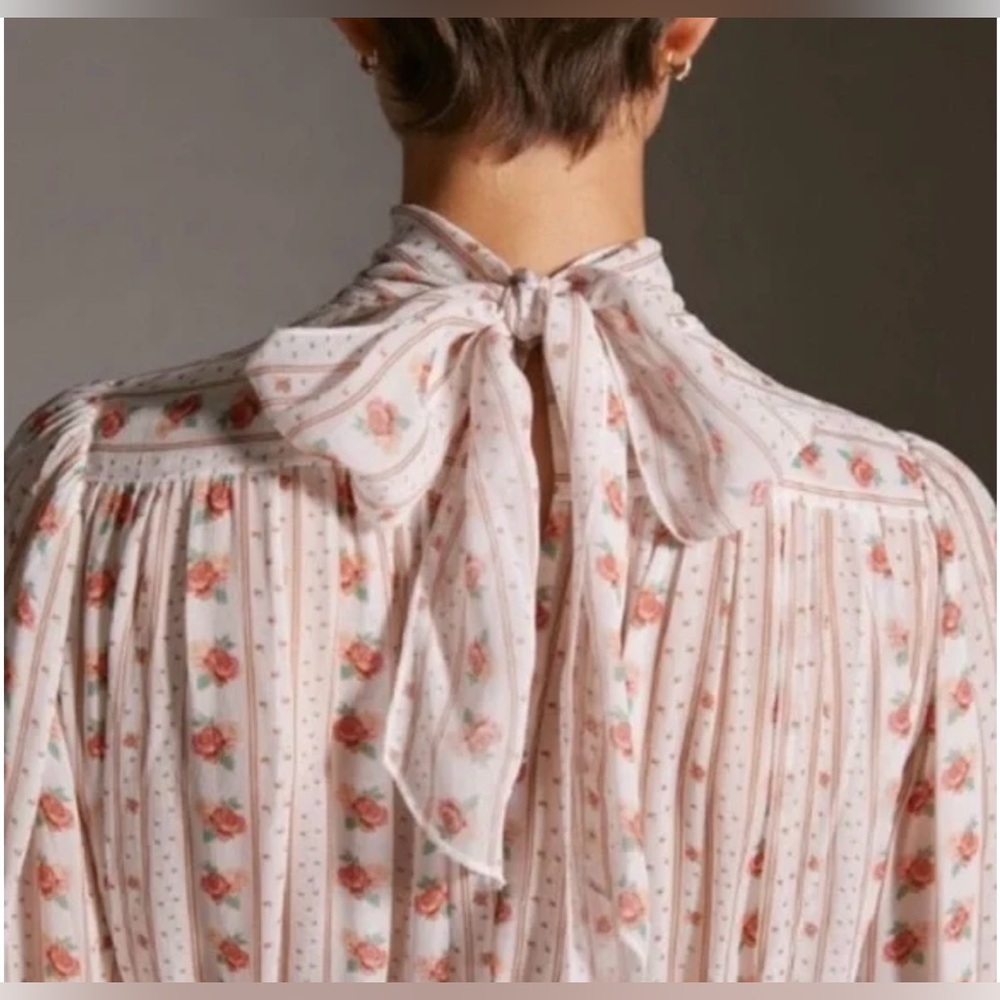 Anthropologie Let Me Be Pink Floral Combo Tie Mockneck Sheer Minidress  size XS - Picture 4 of 10